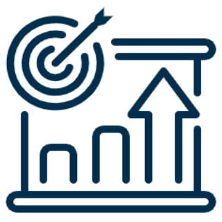 A chart showing growth with an upward arrow and a target symbol.