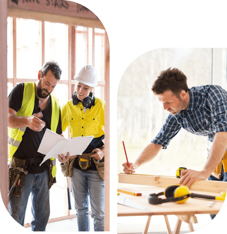 Construction workers discussing project plans on site.