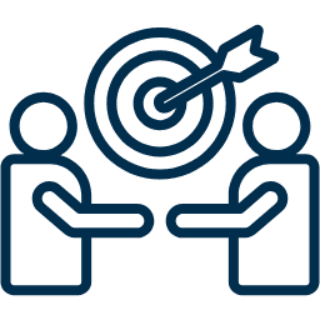 Blue icon with a magnifying glass over a target symbol.