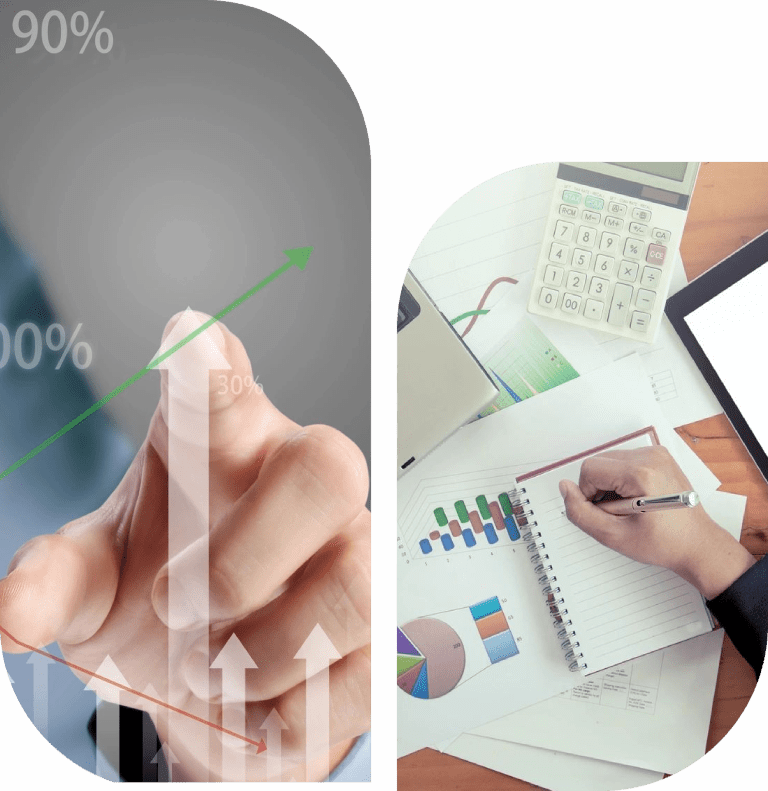 Hand interacting with digital charts and person analyzing graphs and data on paper.