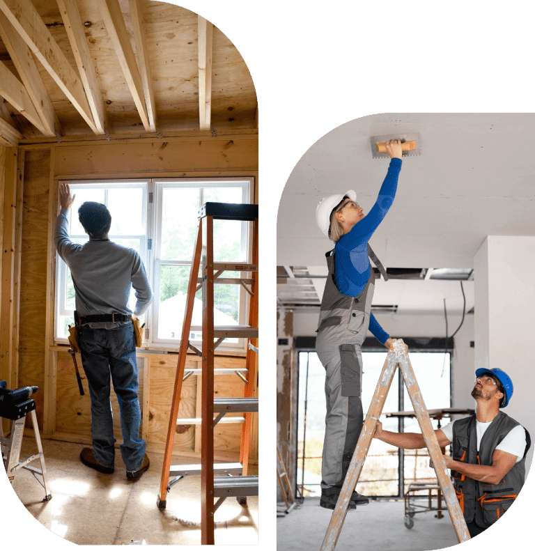 Two workers installing and painting a ceiling in different rooms.