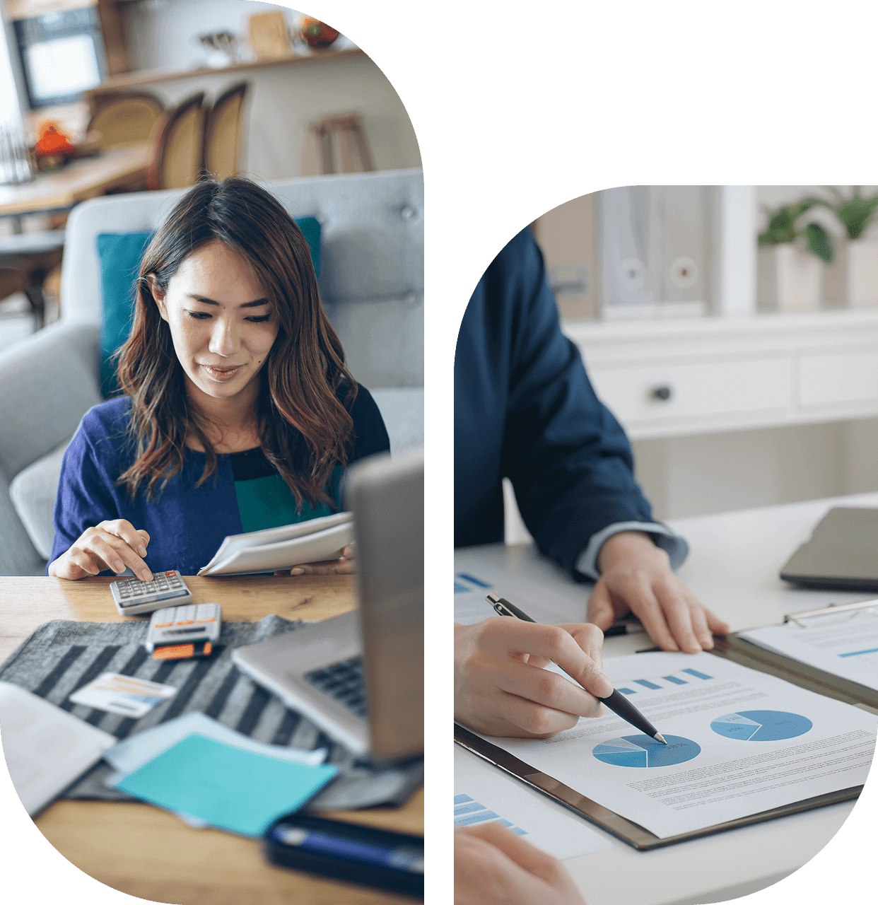 Woman calculating, man reviewing financial charts.