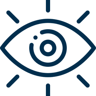 Eye icon with radiating lines, blue design.