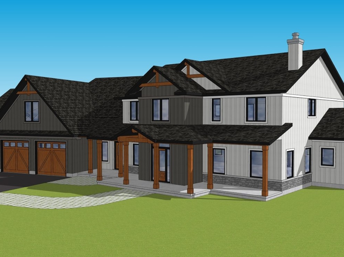 Modern two-story house with wooden accents and a spacious garage.