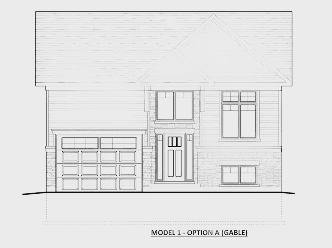 Architectural drawing of a house front with garage and entrance details.