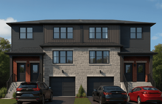 Modern townhouses with stone and wood exteriors and parked cars in driveways.